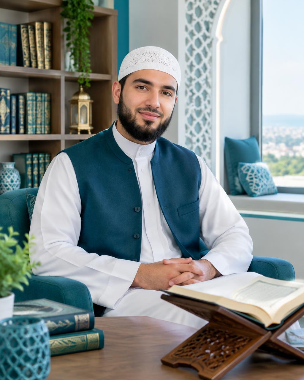 Demo portrait of a Muslim Quran teacher in a contemporary study